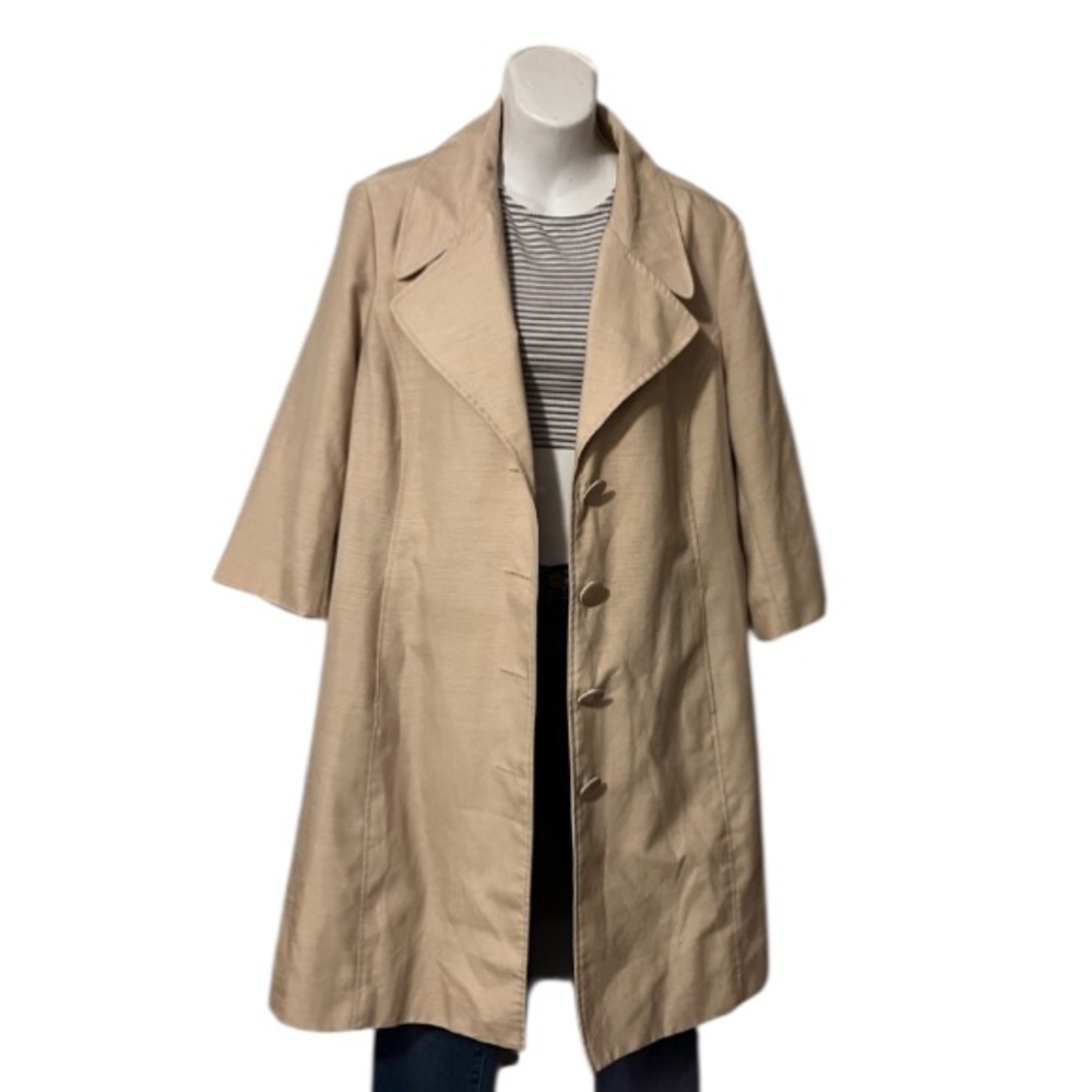 Ashley Stewart 3/4 Sleeve Lined Duster A-line Tan Gold Satin Jacket Trench Coat